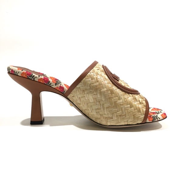 GUCCI INTERLOCKING G RAFFIA HEELED SLIDES -WOMEN’S US 8.5 -NEW - Picture 6 of 11